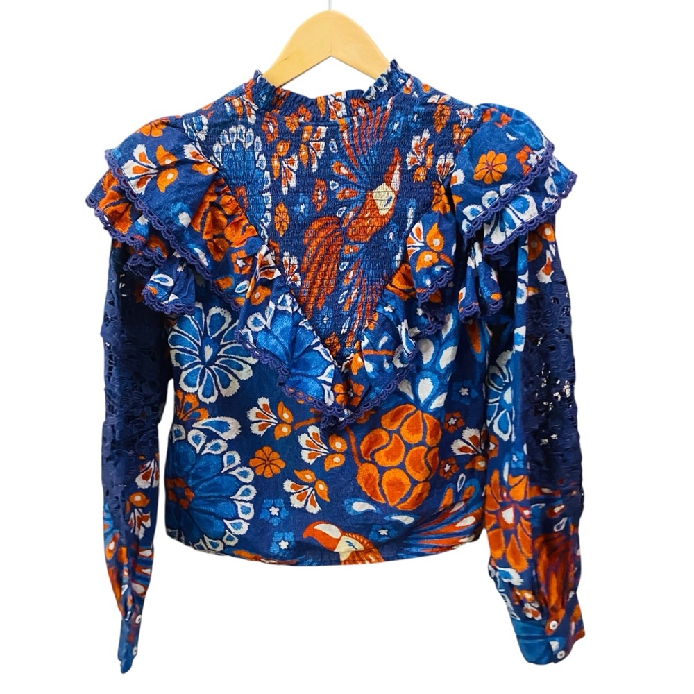 FARM RIO Smocked Pineapple Flowers Navy Blue Blouse Size Small - Picture 7 of 13